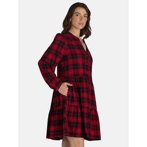 Time and Tru XXL Tiered Plaid Shirt Dress Red Balloon Plaid Long Sleeve Mini